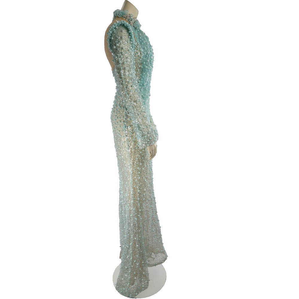 Albina Dyla Aqua Crystal Pearl Mesh Cutout Evening Formal Gala Couture Gown Sz S - Picture 14 of 16